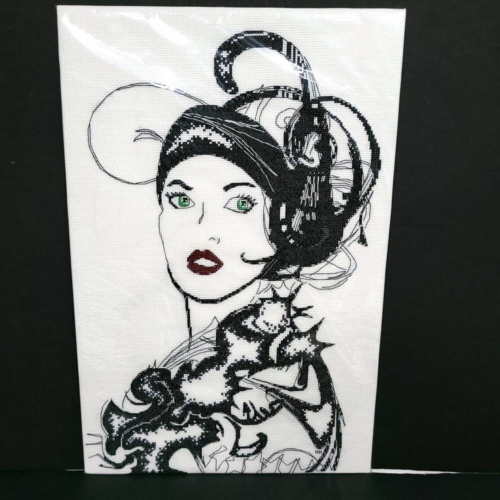 Handmade Cross Stitch Elegant Woman Portrait Art Deco Fashion Lady Needlework